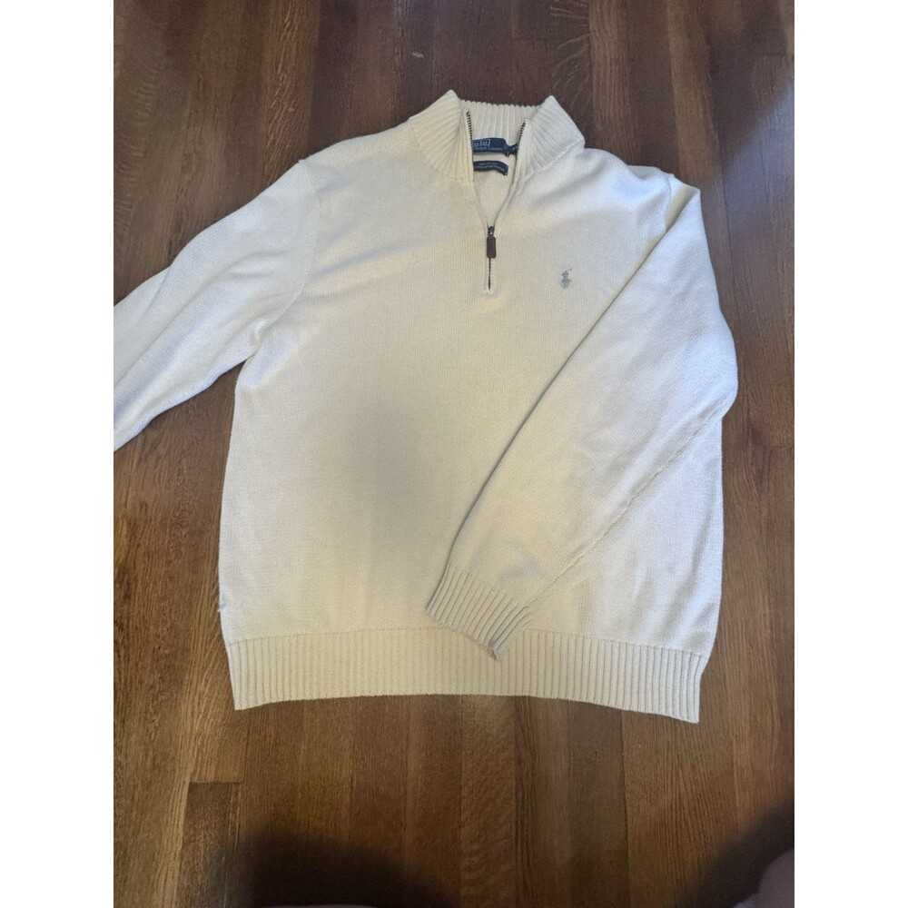 Polo Ralph Lauren Men's XL Quarter Zip Pullover Sweater Cream Ivory 100% Cotton